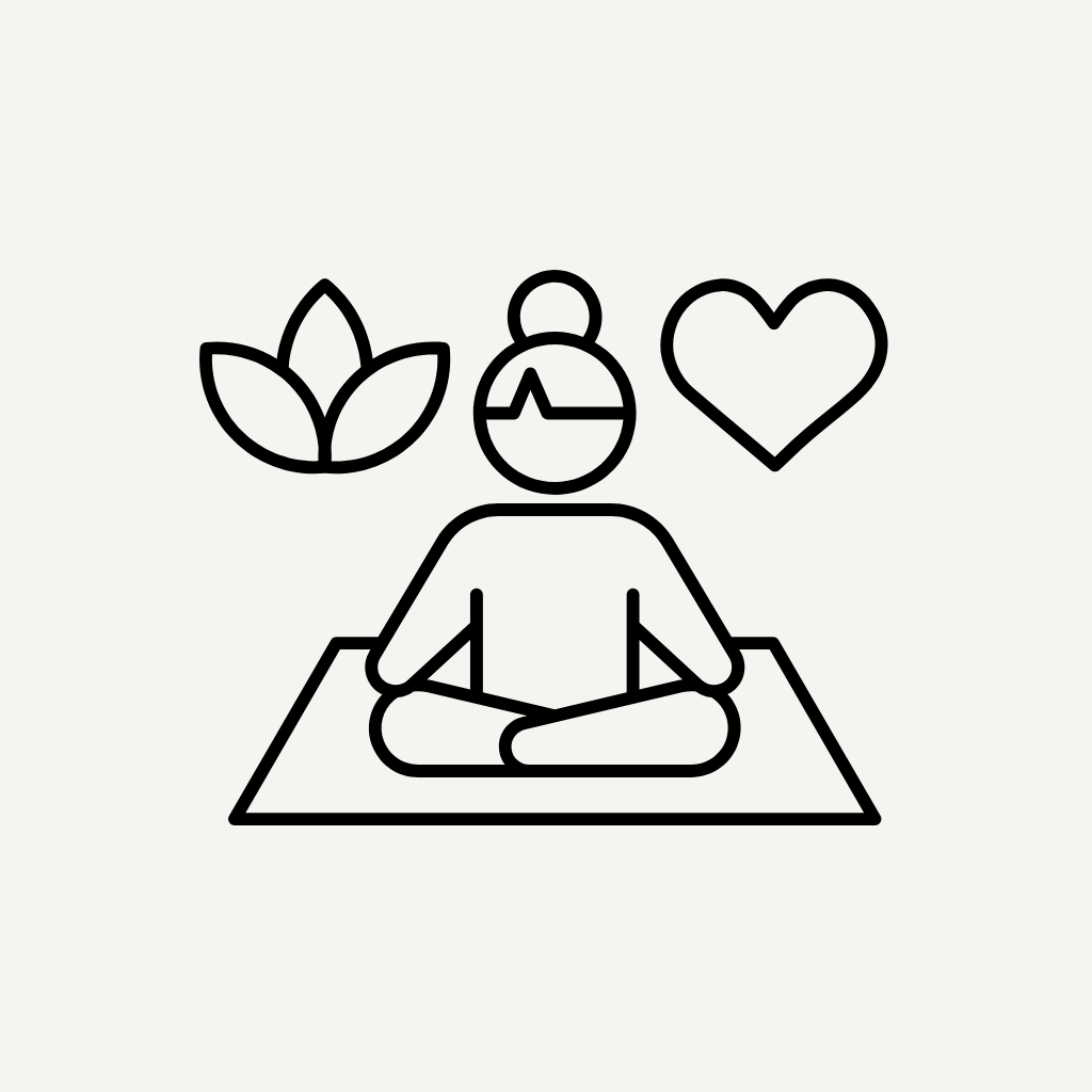 Outline of a person meditating with nature, wellness, and heart symbols above on a white background.