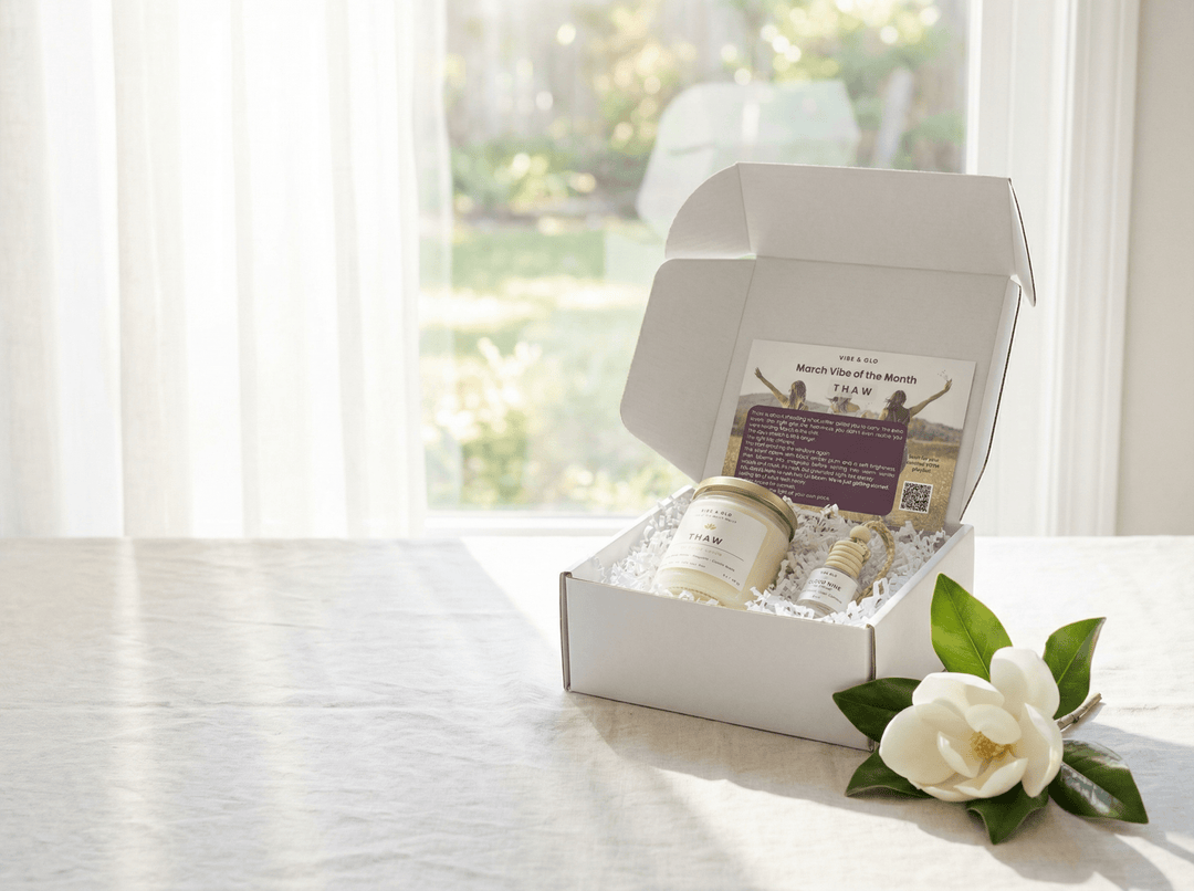 Best subscription gifts for women featuring a monthly candle subscription box with Vibe of the Month candle, diffuser, and curated self-care packaging
