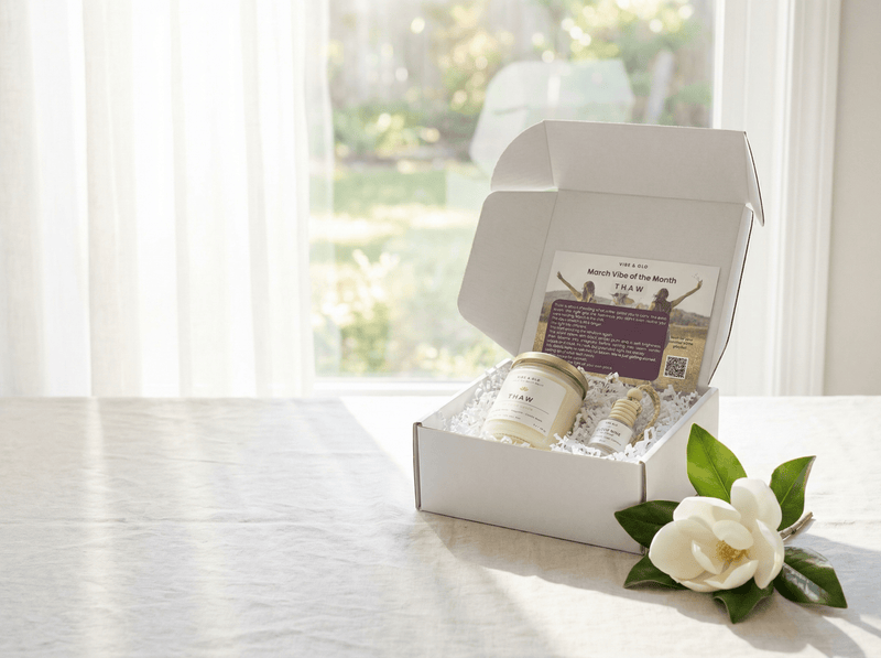 Best subscription gifts for women featuring a monthly candle subscription box with Vibe of the Month candle, diffuser, and curated self-care packaging