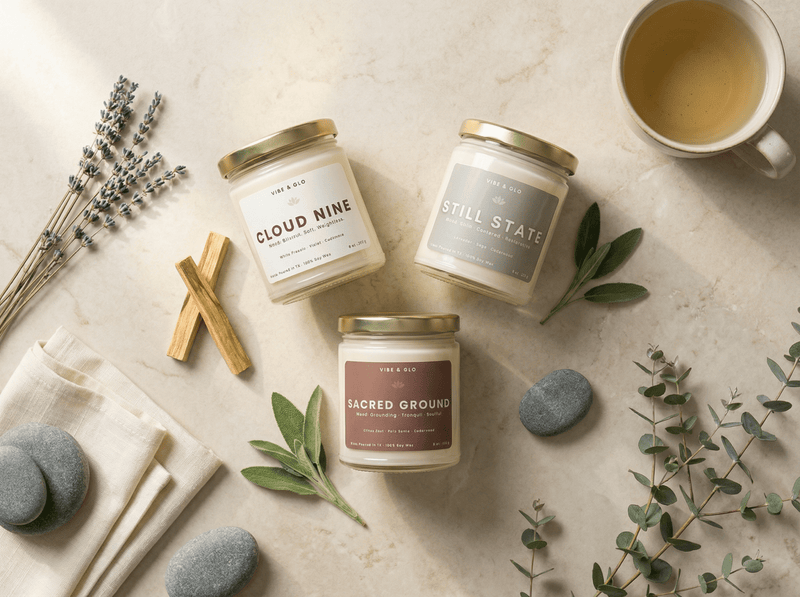Vibe & Glo soy candles styled with lavender, eucalyptus, and tea to represent calming candles for anxiety and stress relief.