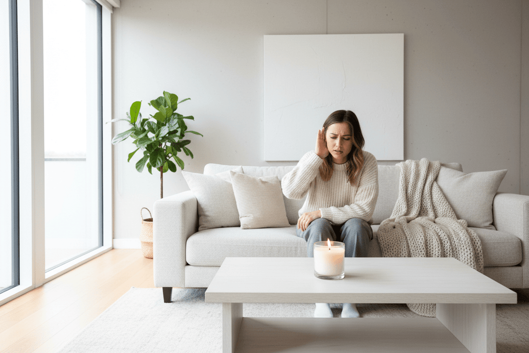 Woman sitting on couch looking frustrated at lit candle that isn’t producing a strong scent in a bright modern living room