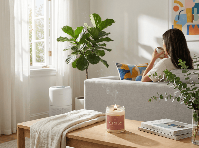 Clean-burning soy candle in a bright living room representing candles and indoor air quality in home fragrance.