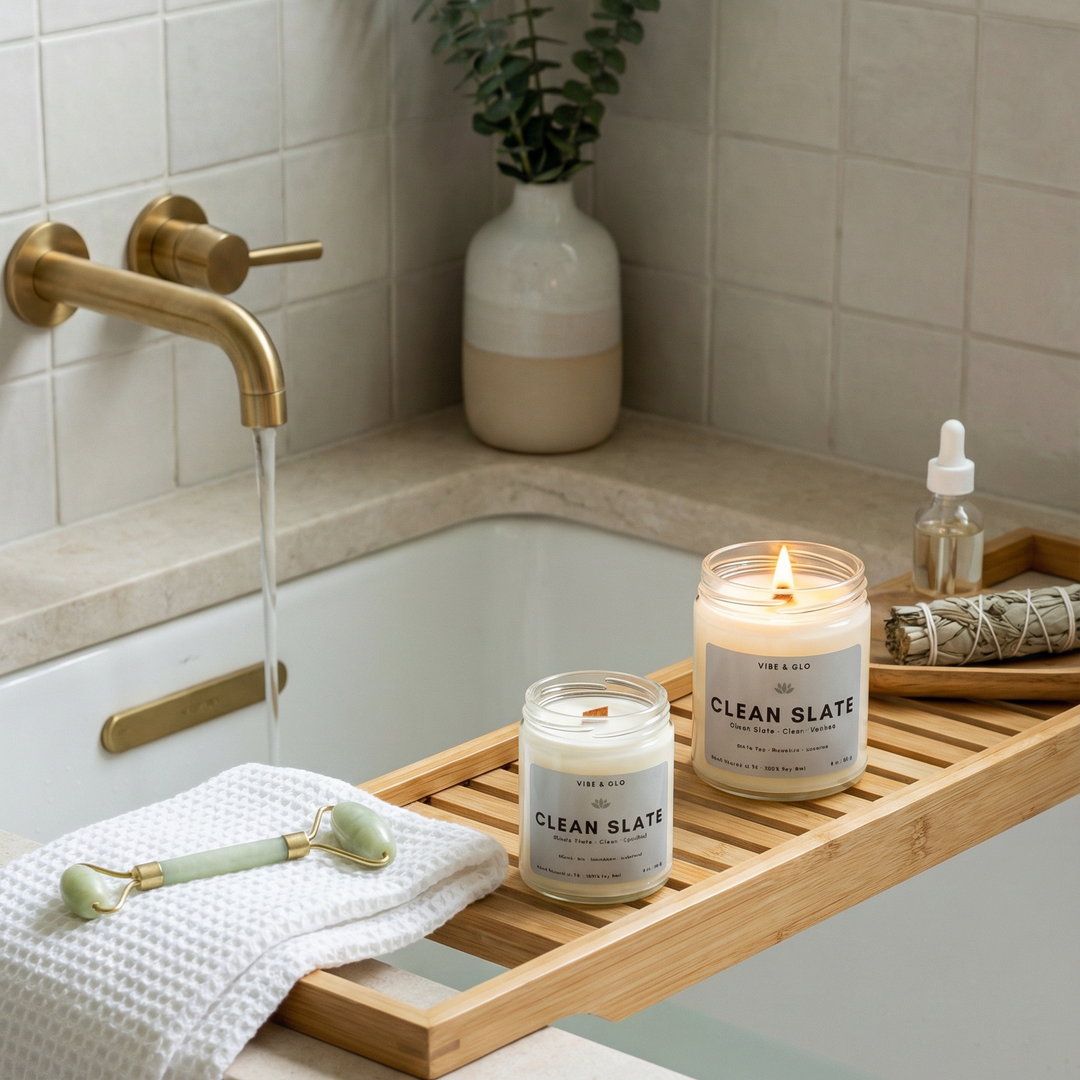 Clean Slate soy candle burning on a wooden bath tray beside a bathtub, styled with a towel, jade roller, and greenery to represent a calming self-care routine.