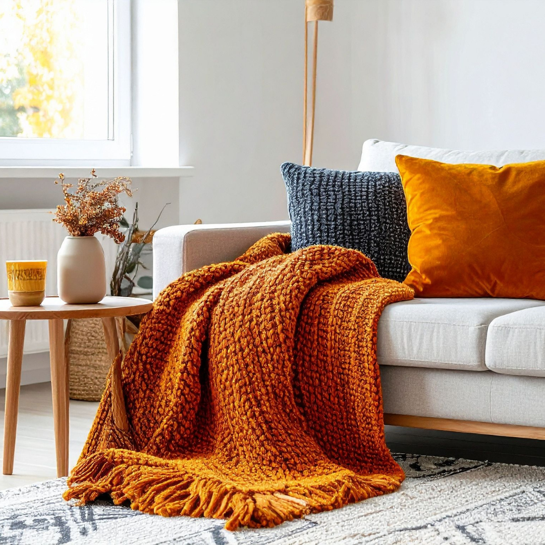 Cozy living room with an orange blanket, decorative pillows, and autumn decor for warm fall vibes.