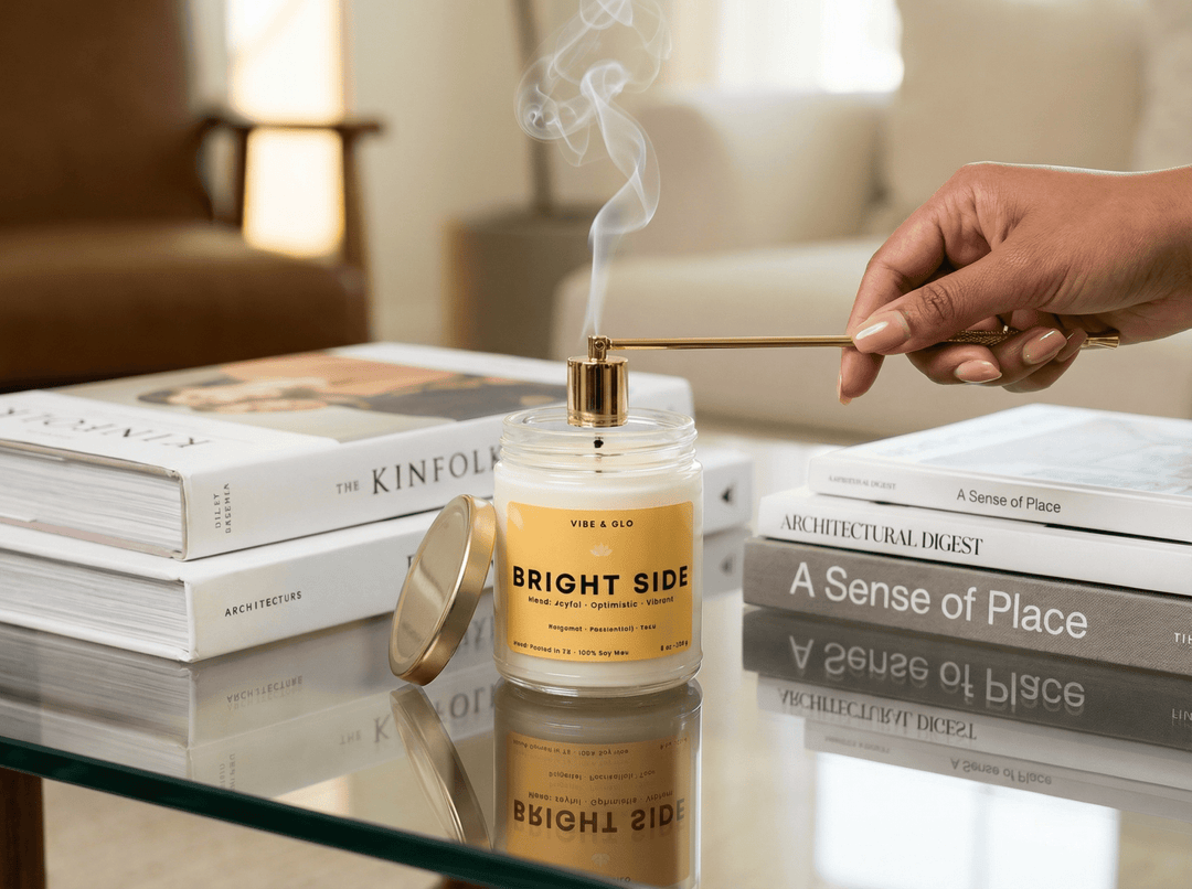 Hand using a candle snuffer to put out the flame of a Vibe & Glo Bright Side soy candle to demonstrate proper candle care and extend candle life