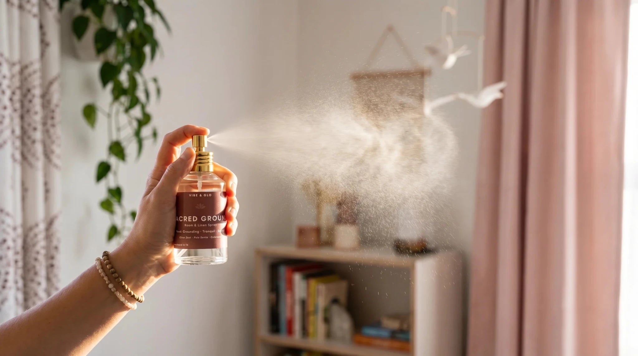 Hand spraying room and linen spray in a bedroom to refresh air and fabric, creating a clean and calming home fragrance atmosphere