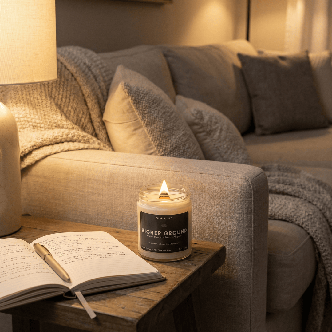 Cozy evening self-care ritual at home with a glowing candle, journal, and warm living room lighting, creating a calming night routine for stress relief and emotional wellness.