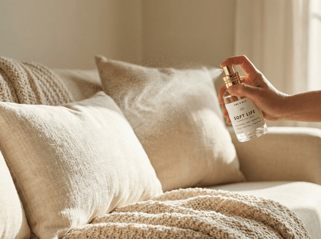 Hand spraying Vibe & Glo Soft Life room and linen spray onto neutral couch pillows in a cozy sunlit living room