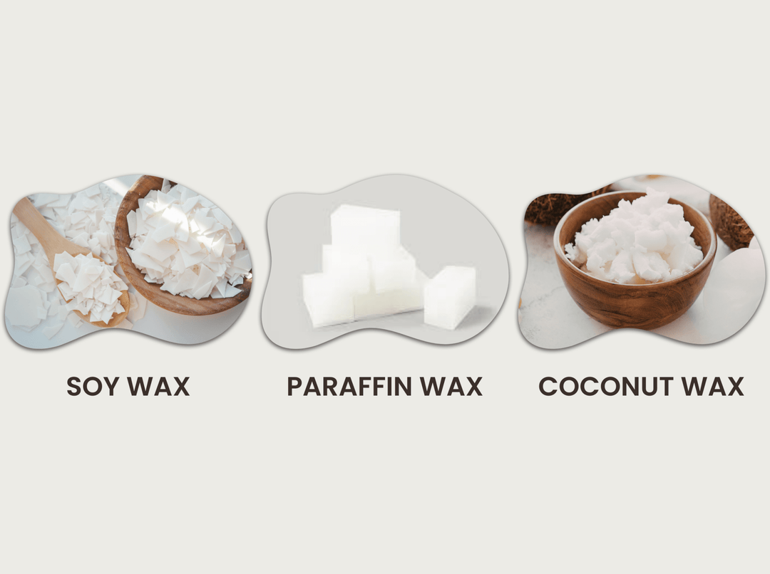 Comparison of soy wax, paraffin wax, and coconut wax used in candles to show different candle wax types.