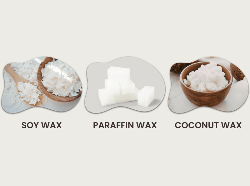 Comparison of soy wax, paraffin wax, and coconut wax used in candles to show different candle wax types.