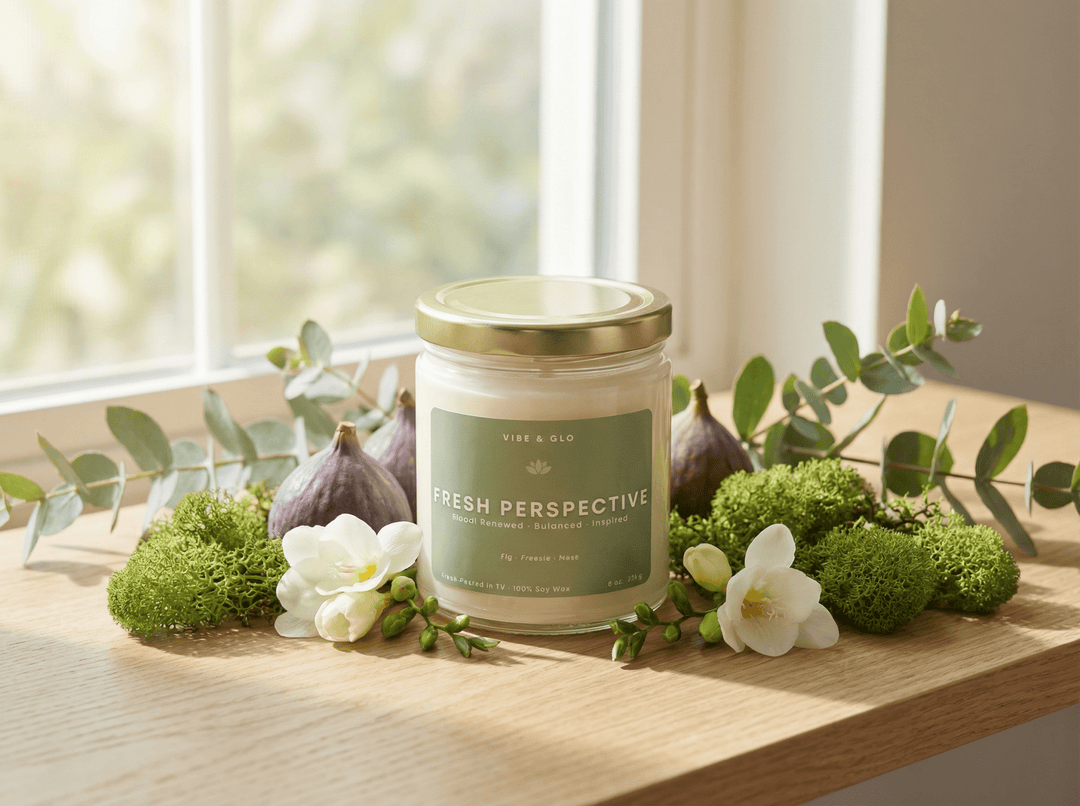 Fresh spring soy candle styled with greenery, figs, and florals on a wooden surface in natural light representing clean, airy home fragrance for spring
