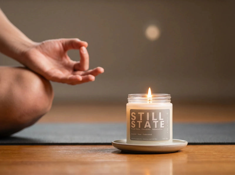 Still State lavender sage candle burning during meditation for stress relief and nervous system regulation, calming home fragrance ritual