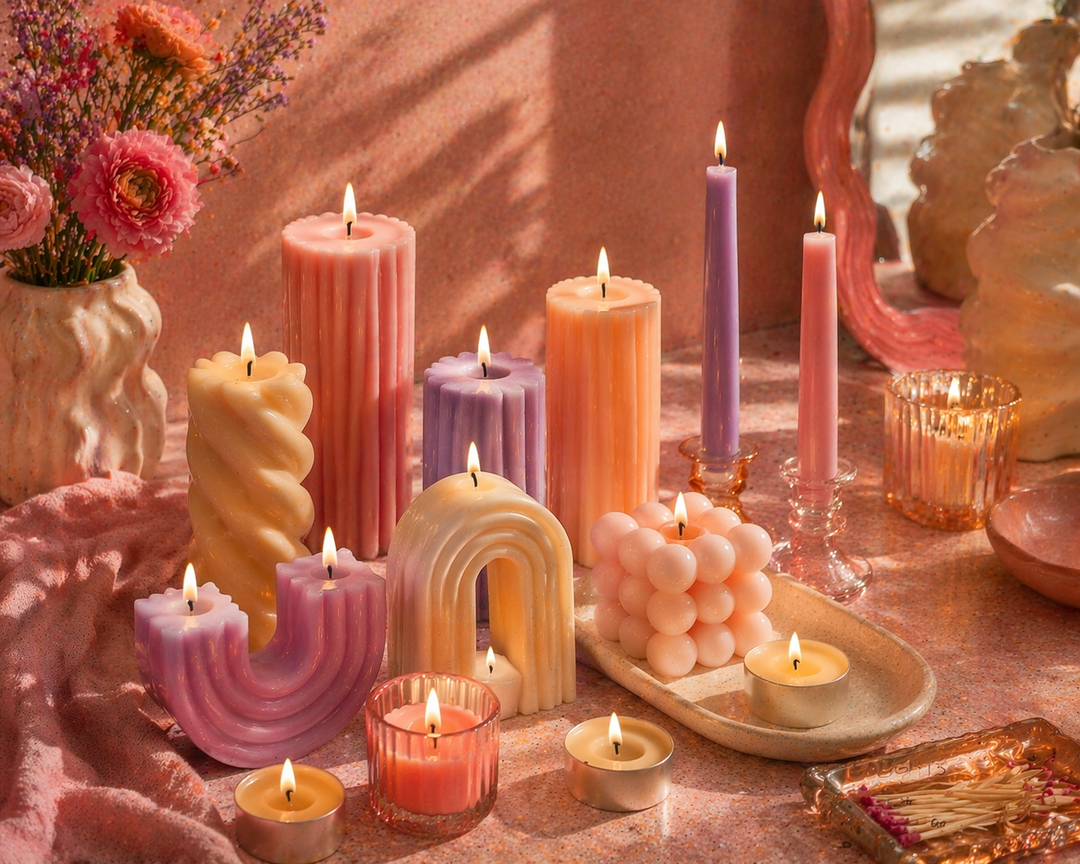 Assortment of different types of candles including pillar, taper, tea light, and novelty shaped candles in pastel colors, styled together in a warm decorative setting with soft lighting