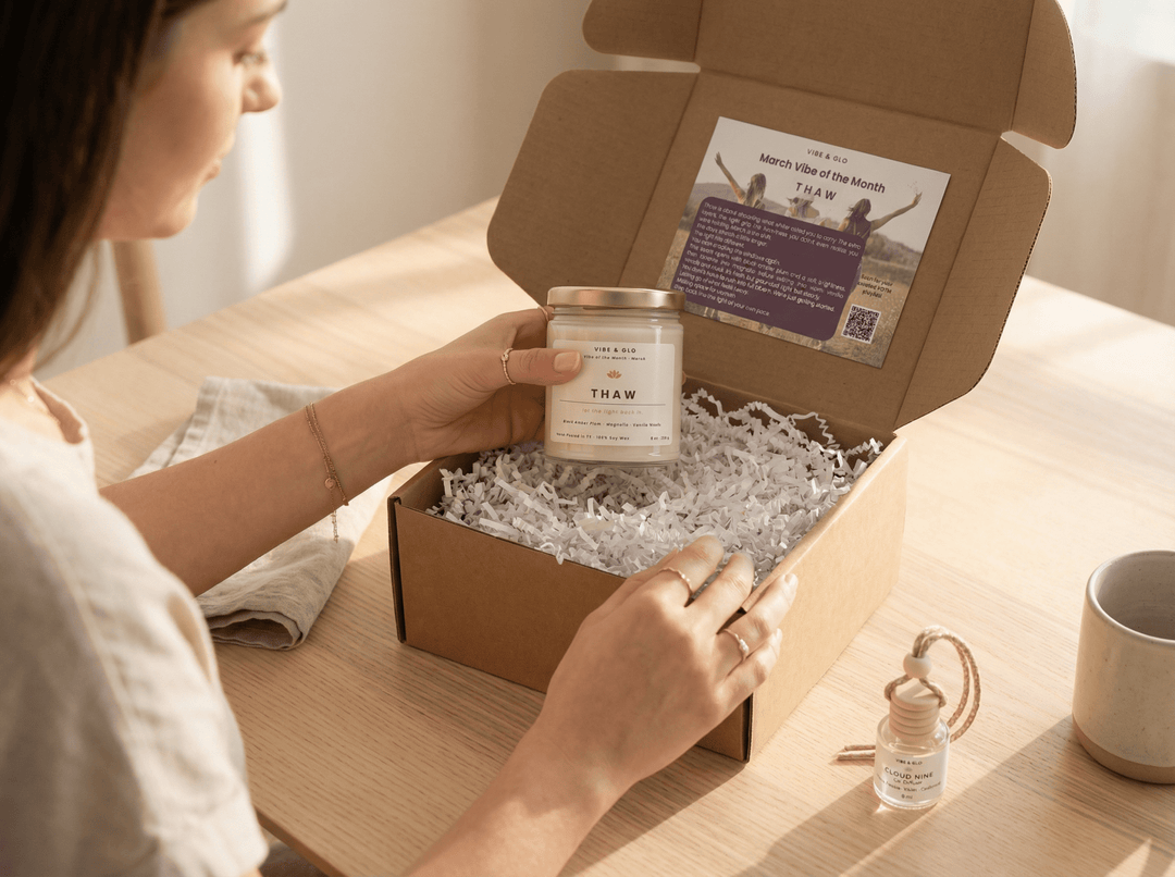 Woman opening a Vibe & Glo candle subscription box and holding a Thaw soy candle during an unboxing experience.