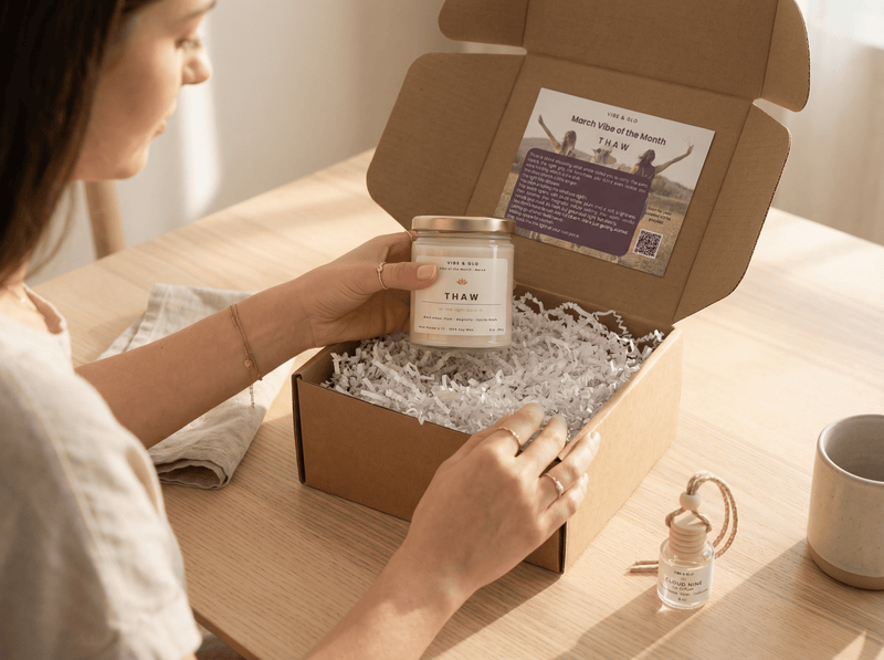 Woman opening a Vibe & Glo candle subscription box and holding a Thaw soy candle during an unboxing experience.