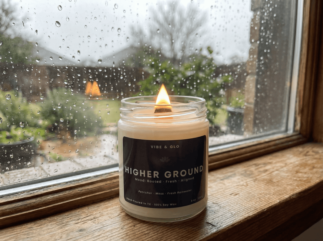 Clean-burning Vibe & Glo soy candle glowing by a rainy window creating a cozy non-toxic home fragrance atmosphere.