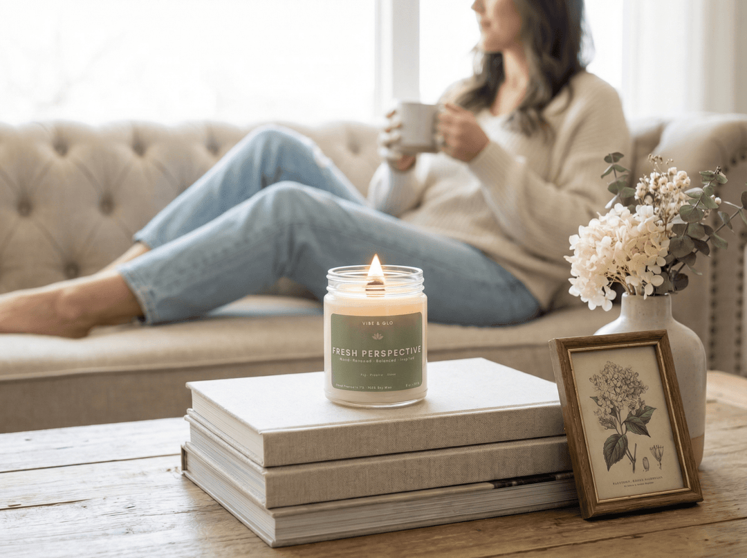 Vibe & Glo Fresh Perspective clean-burning soy candle creating a cozy home fragrance atmosphere in a living room.