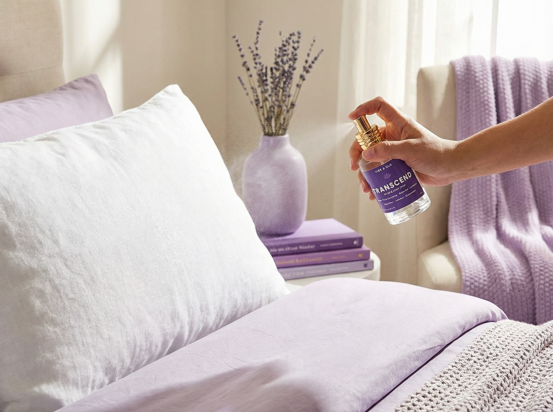 Hand spraying Vibe & Glo Transcend room and linen spray over cozy pillows and lavender decor to make your home smell amazing with clean home fragrance.