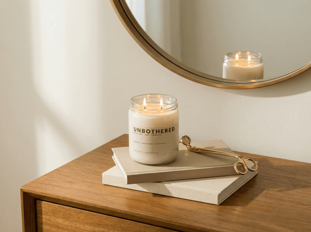 Vibe & Glo Unbothered candle styled on books with mirror reflection creating a warm, cozy and layered home fragrance atmosphere