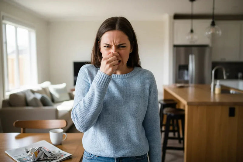 Woman holding her nose in a home kitchen due to unpleasant odor, illustrating why a house doesn’t smell fresh and common household odor problems