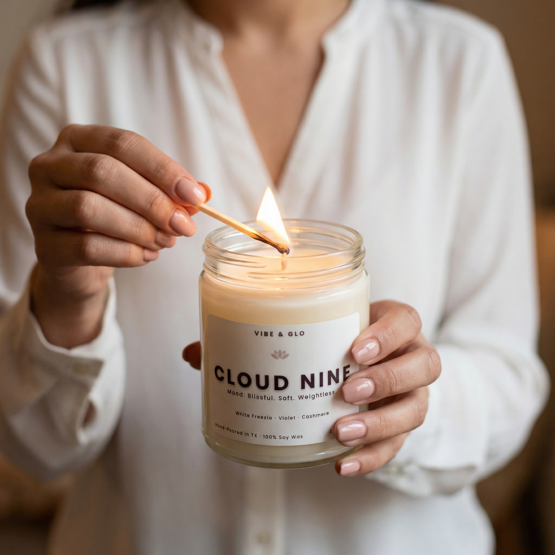 Hand-poured single wick 8 oz soy candle being lit, clean burning soy wax candle by Vibe & Glo