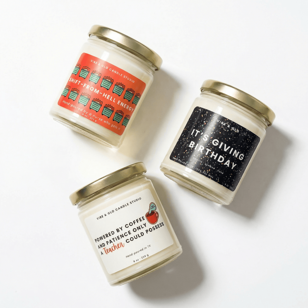 Funny gift candles for nurses, teachers, and birthdays by Vibe & Glo Candle Studio featuring wooden wick soy candles in reusable glass jars