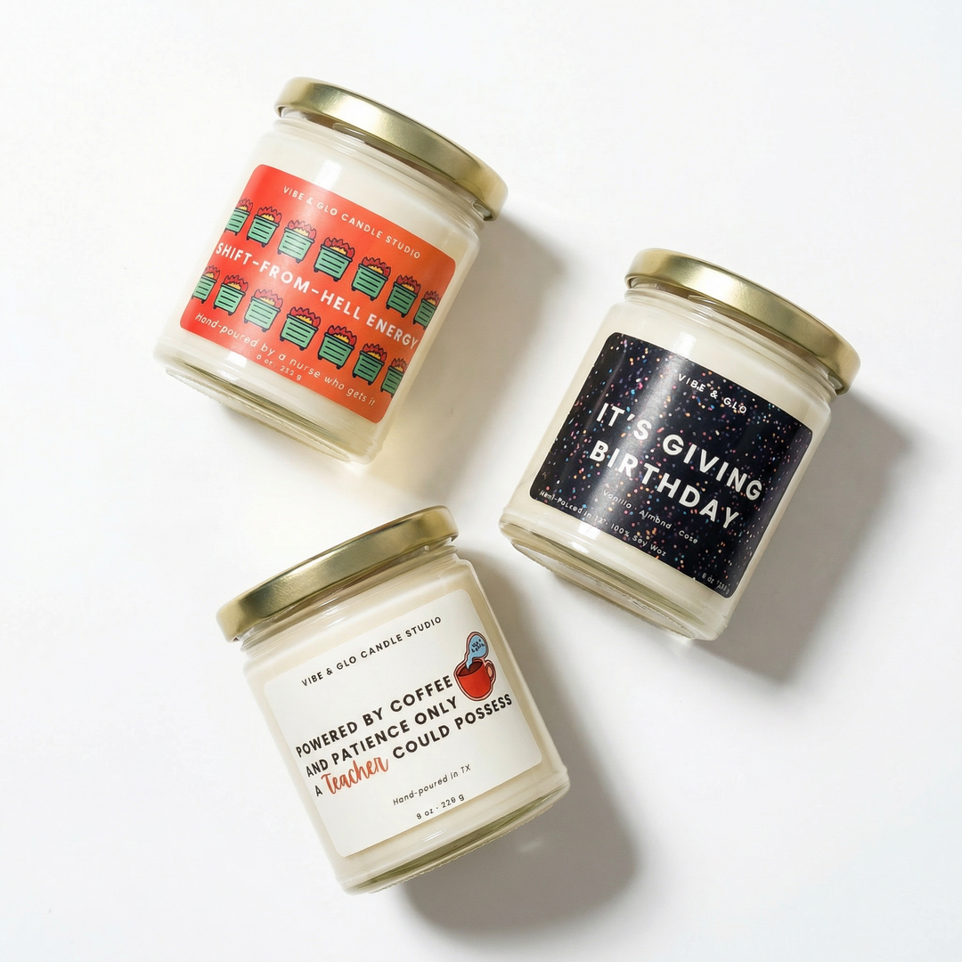 Funny gift candles for nurses, teachers, and birthdays by Vibe & Glo Candle Studio featuring wooden wick soy candles in reusable glass jars