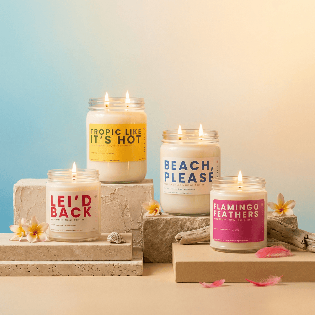 Summer scents collection featuring beachy and tropical candles from Vibe & Glo, styled with coastal elements and soft summer tones