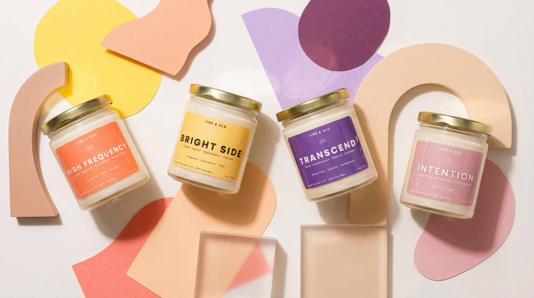 Vibe & Glo Vibe Collection featuring mood-inspired wooden wick soy candles in colorful modern packaging, designed to match different moods and energy.