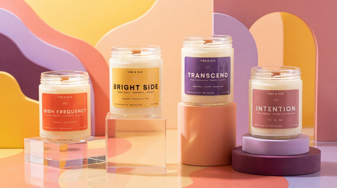 Mood-inspired wooden wick soy candles displayed together as a curated candle collection with colorful modern packaging.