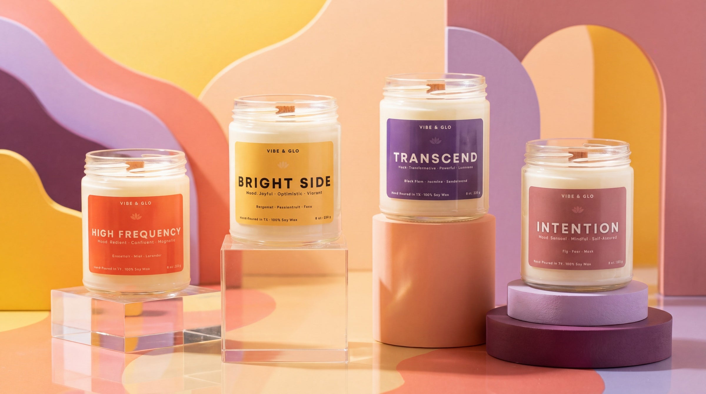 Mood-inspired wooden wick soy candles displayed together as a curated candle collection with colorful modern packaging.
