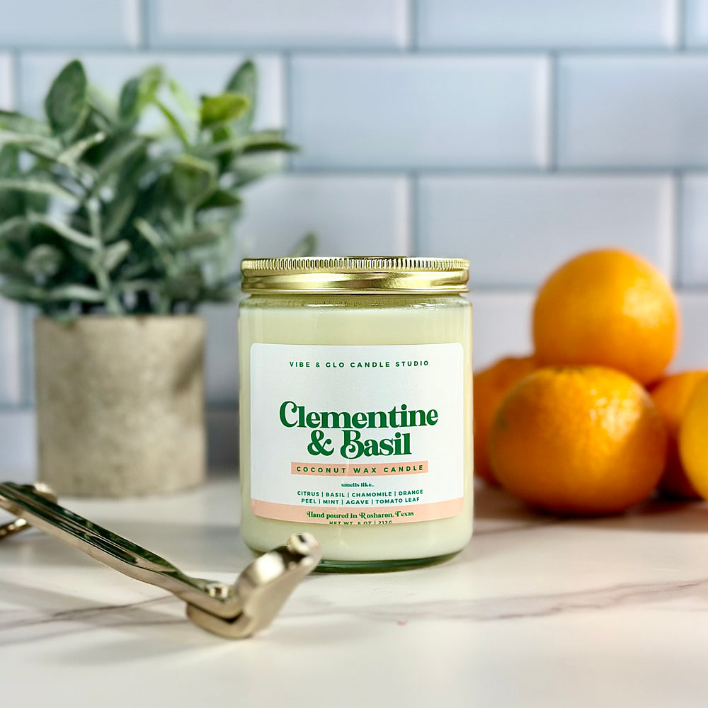 
                  
                    Clementine + Basil Candle - Coconut Wax | Citrus | Basil | Chamomile Scent
                  
                