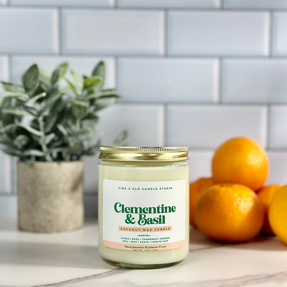 
                  
                    Clementine + Basil Candle - Coconut Wax | Citrus | Basil | Chamomile Scent
                  
                