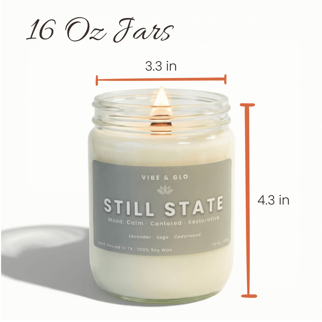 16 oz Vibe & Glo wooden wick soy candle jar with dimensions shown, measuring 3.3 inches wide and 4.3 inches tall.
