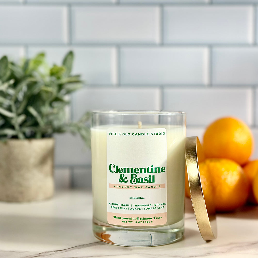 
                  
                    Clementine + Basil Candle - Coconut Wax | Citrus | Basil | Chamomile Scent
                  
                