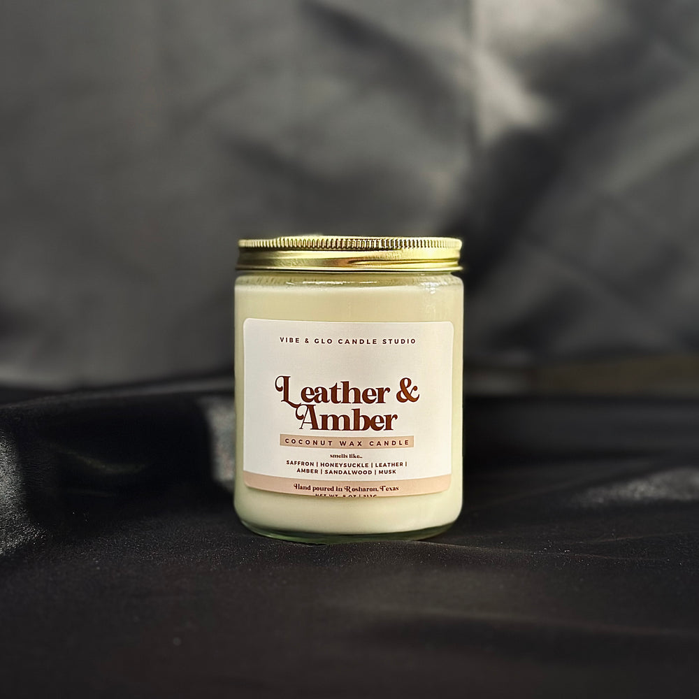 
                  
                    Leather + Amber Candle - Coconut Wax | Saffron | Honeysuckle |Sandalwood Musk Scent
                  
                