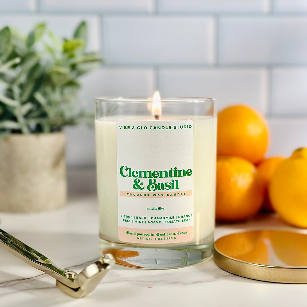 
                  
                    Clementine + Basil Candle - Coconut Wax | Citrus | Basil | Chamomile Scent
                  
                