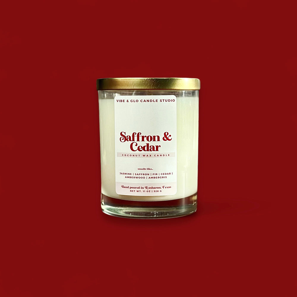 Saffron + Cedar Candle - Coconut Wax | Jasmine | Fir | Amberwood Scent