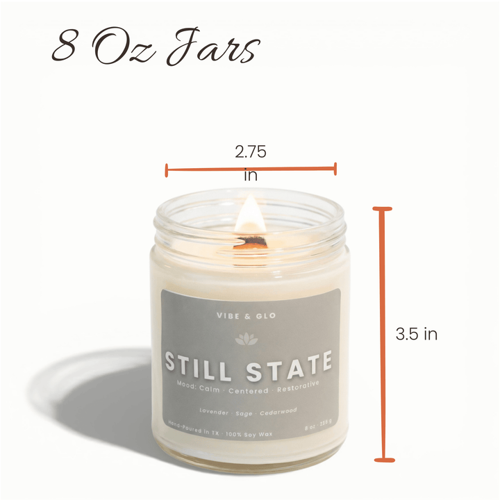8 oz Vibe & Glo wooden wick soy candle jar with dimensions shown, measuring 2.75 inches wide and 3.5 inches tall.