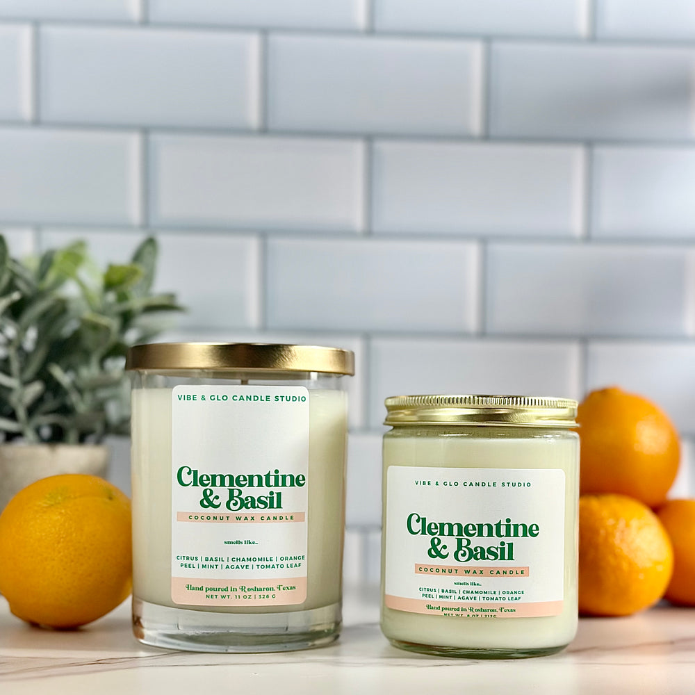 
                  
                    Clementine + Basil Candle - Coconut Wax | Citrus | Basil | Chamomile Scent
                  
                