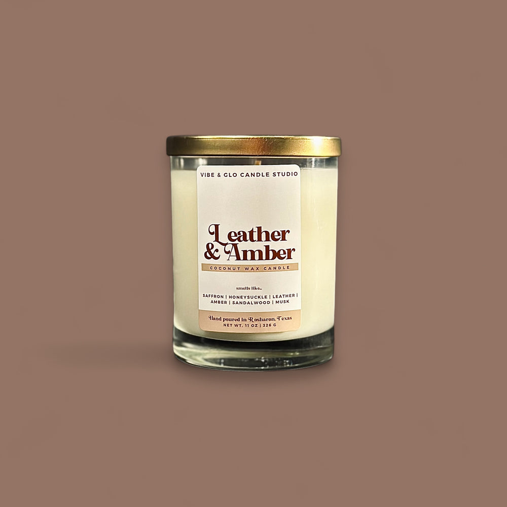 Leather + Amber Candle - Coconut Wax | Saffron | Honeysuckle |Sandalwood Musk Scent