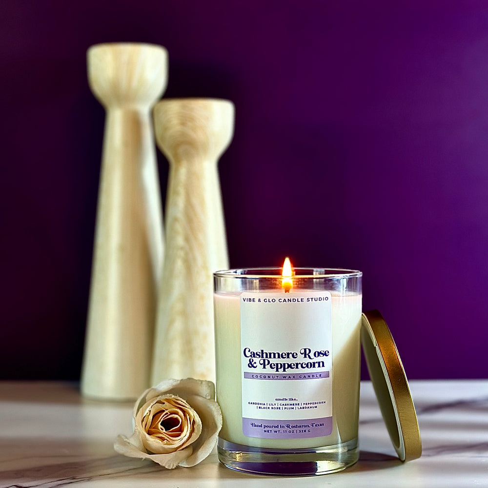 
                  
                    Cashmere Rose + Peppercorn Candle - Coconut Wax | Black Rose | Plum and Peppercorn Notes
                  
                