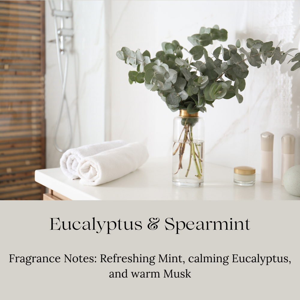 
                      
                        A spa-like bathroom setting with rolled white towels and a clear glass vase filled with eucalyptus branches on a white countertop. The text below reads 'Eucalyptus & Spearmint' with fragrance notes of refreshing mint, calming eucalyptus, and warm musk.
                      
                    