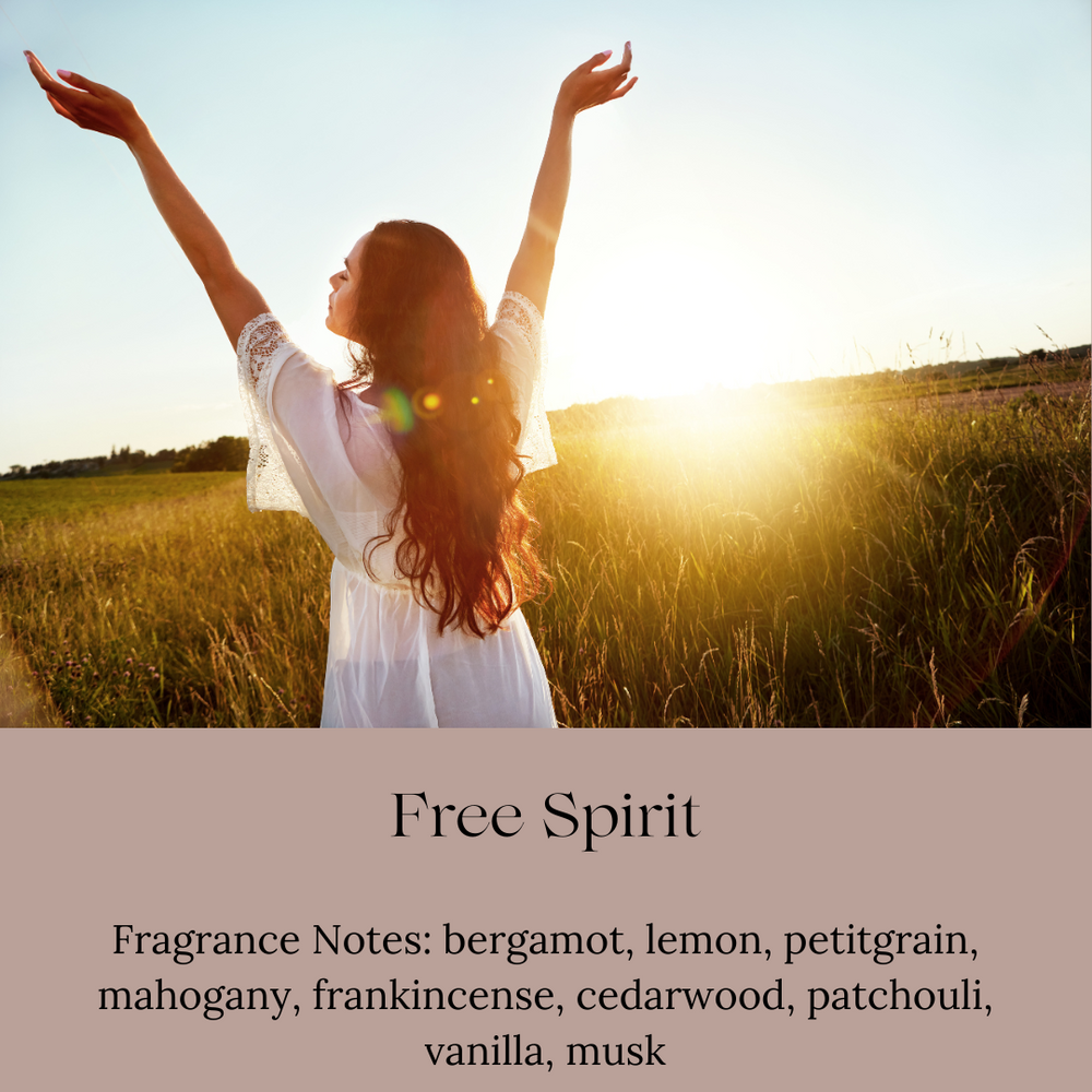 
                      
                        A woman with long flowing hair, dressed in white, stands in an open field at sunset, raising her arms in a gesture of freedom and joy. The text below reads 'Free Spirit' with fragrance notes of bergamot, lemon, petitgrain, mahogany, frankincense, cedarwood, patchouli, vanilla, and musk.
                      
                    