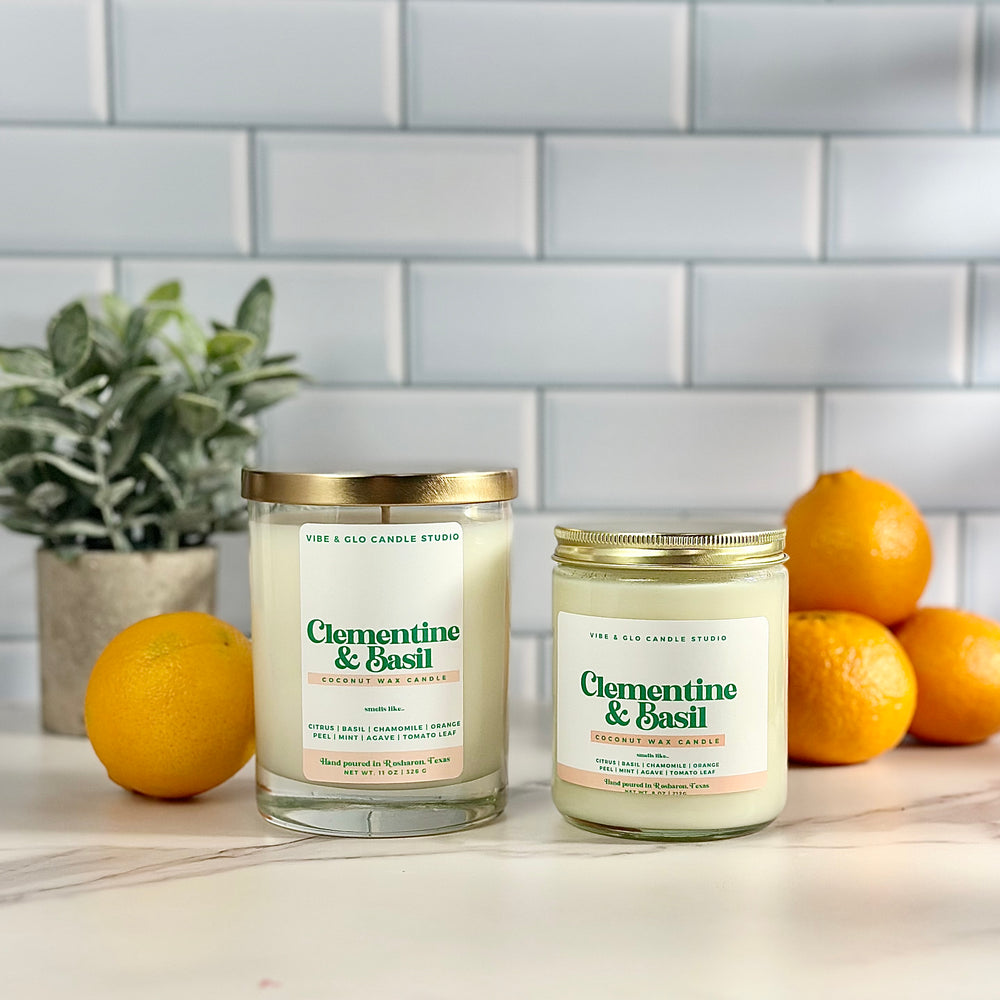 
                  
                    Clementine + Basil Candle - Coconut Wax | Citrus | Basil | Chamomile Scent
                  
                