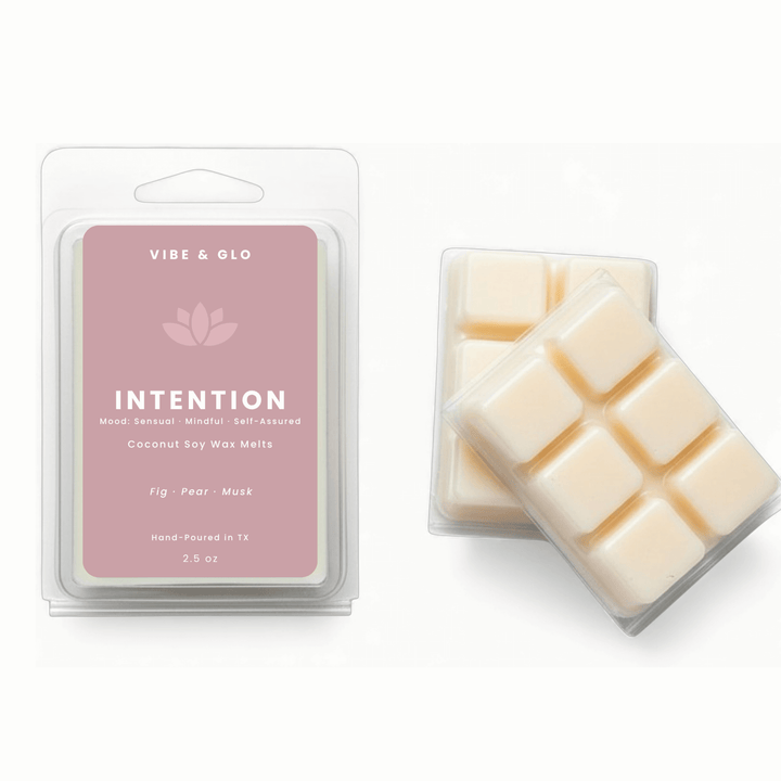 Vibe & Glo intention wax melts packaging on a white background