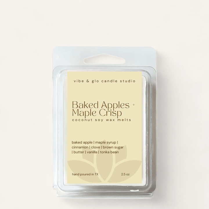 Baked Apples + Maple Crisp coconut soy wax melts by Vibe & Glo, hand-poured, cozy fall scent in 2.5 oz packaging.