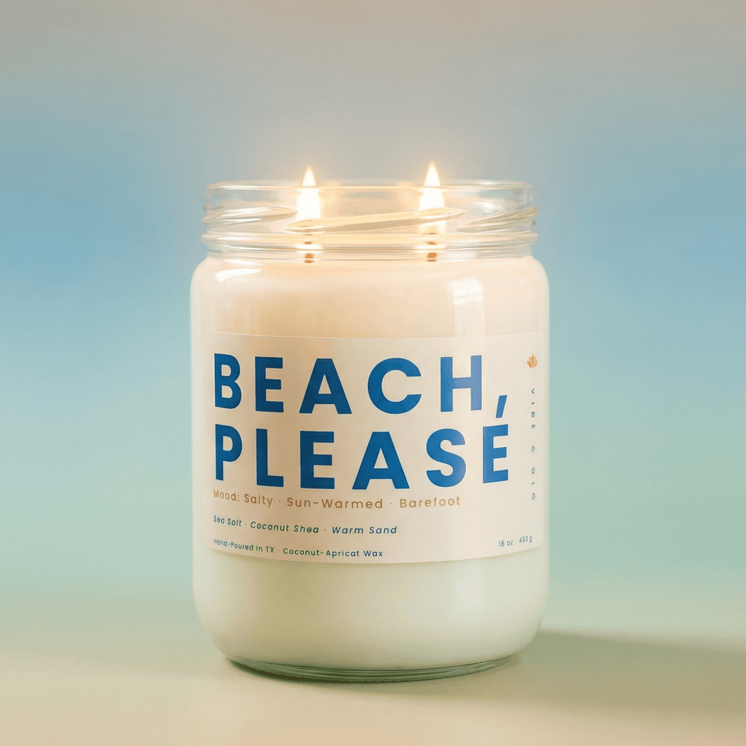 Beach Please 2-wick candle with double cotton wicks on a soft blue coastal gradient background clean minimal product image