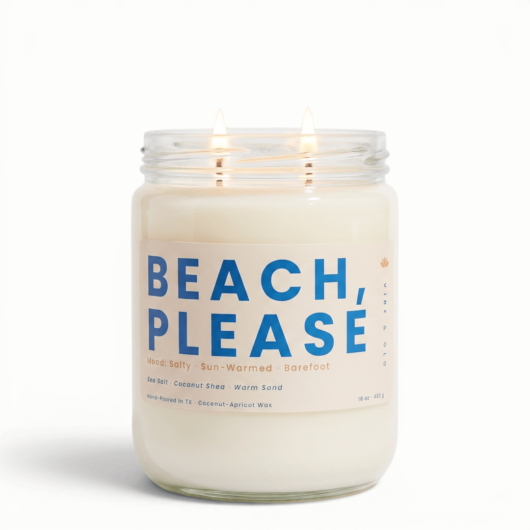 Beach Please 2 wick candle with sea salt coconut and warm sand in glass jar, fresh coastal coconut apricot wax candle for a summer home vibe
