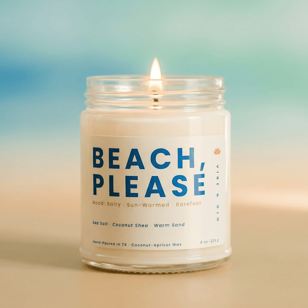 Beach Please jar candle with sea salt coconut scent on a soft neutral background